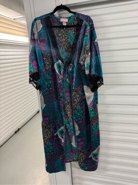 Serenade Floral Satin Kimono Robe in Teal & Purple tie front plus size 1X